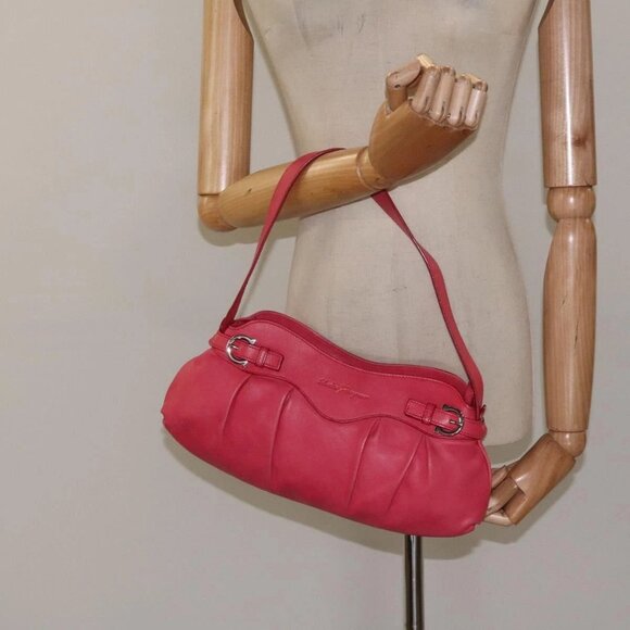 Salvatore Ferragamo Gancini Shoulder Bag Leather Pink Silver Auth - Picture 1 of 16